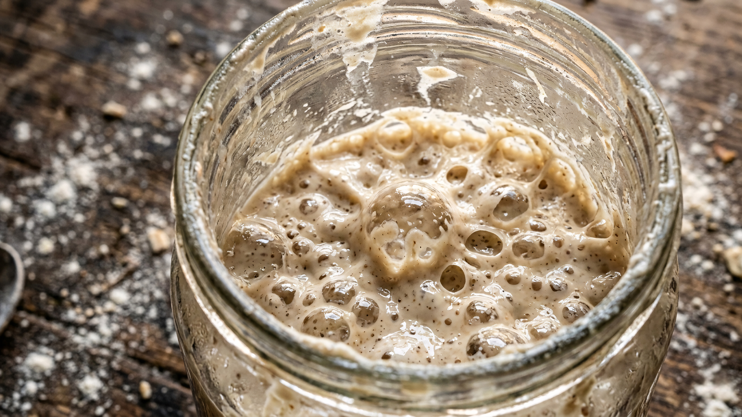 Sourdough starter in a glass jar on a flour dusted  wooden table
