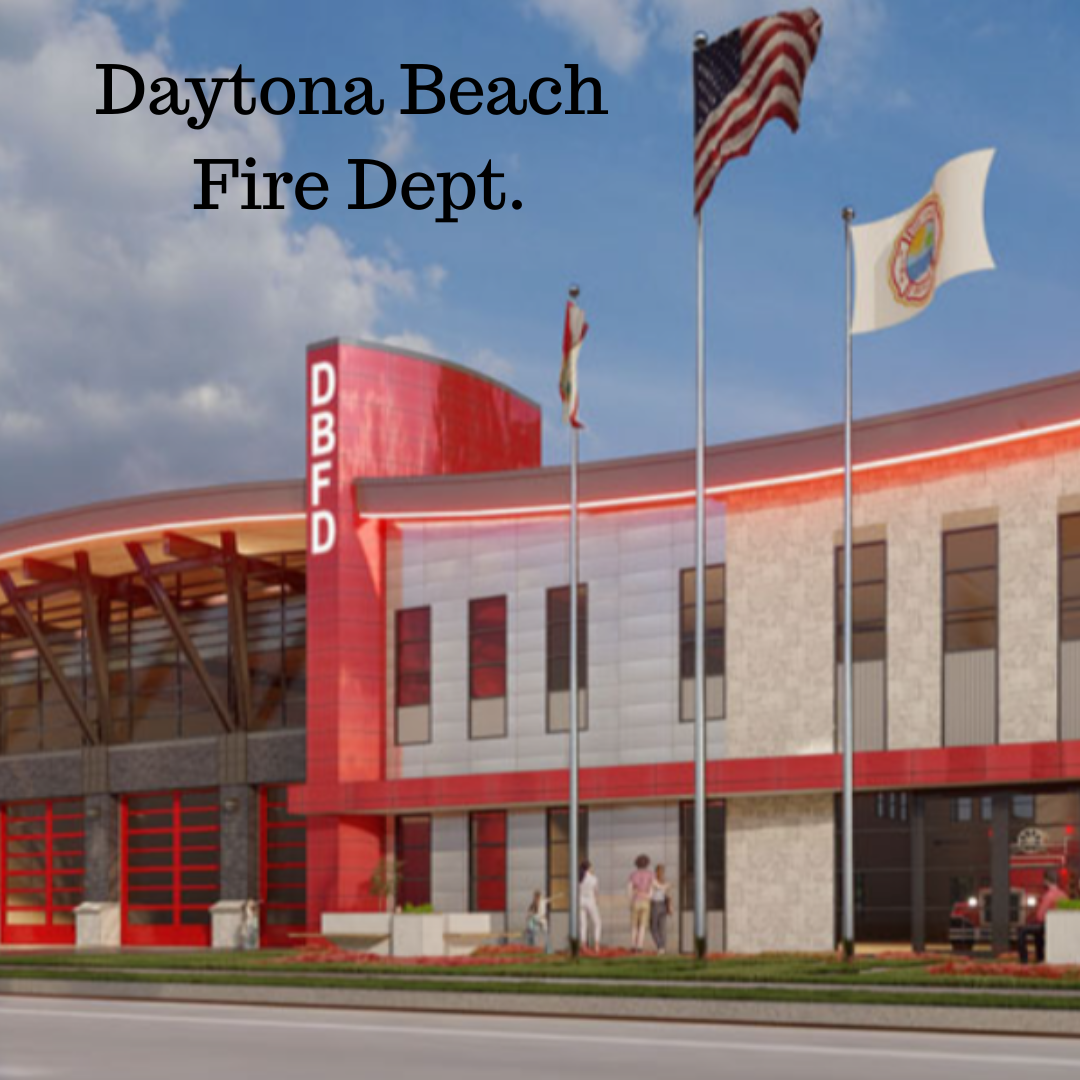Digital rendering of the Daytona Beach Fire Department building with three flags, including the American flag, outside.