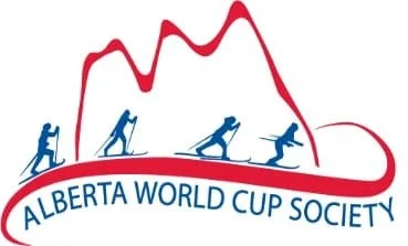 Logo of the Alberta World Cup Society featuring four blue silhouettes of cross-country skiers on a red curved line with red mountain peaks in the background.