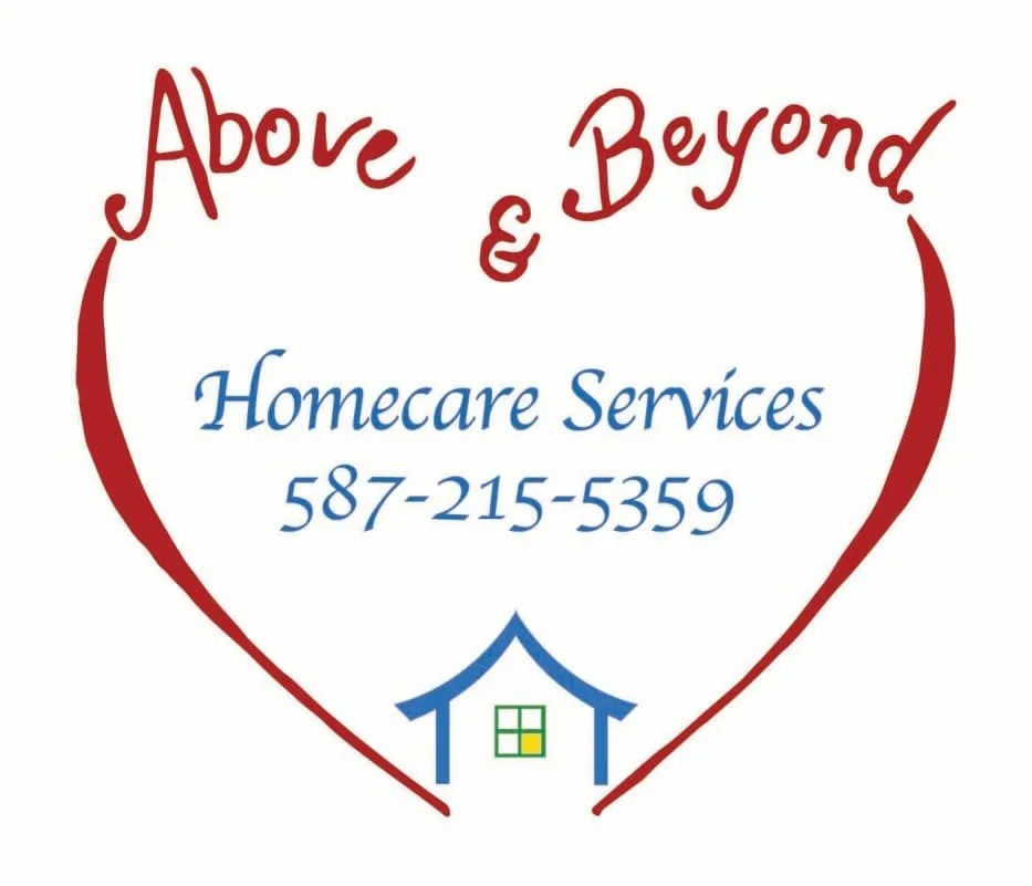 Logo with red heart shape, "Above & Beyond Homecare Services" text in blue, phone number 587-215-5359, and a small blue house icon.