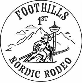Logo for Foothills Nordic Rodeo featuring a skier, mountains, and a tall tower.