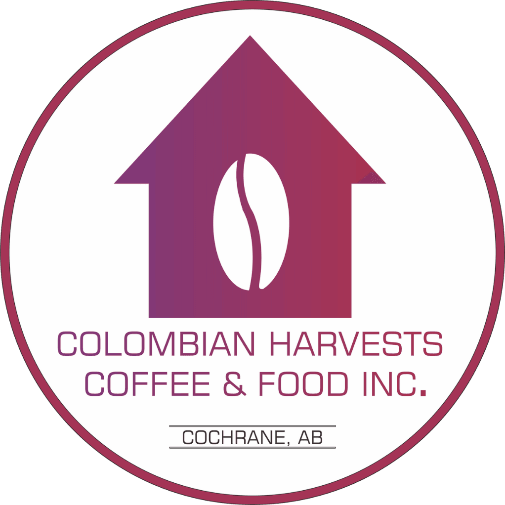 Colombian Harvests Coffee & Food Inc. logo featuring a house-shaped icon with a coffee bean in the center, located in Cochrane, AB.