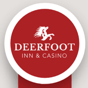 Deerfoot Inn & Casino logo, round red emblem with white text and a stylized horse.