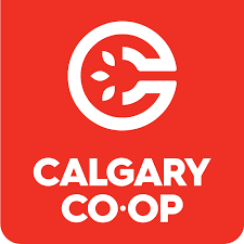Calgary Co-op logo featuring a stylized "C" with leaf motifs, in white on a red background.