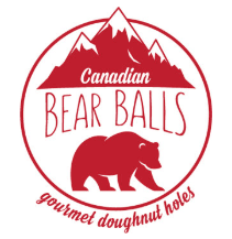 Logo for Canadian Bear Balls featuring a bear silhouette and mountain outline, with text "gourmet doughnut holes."