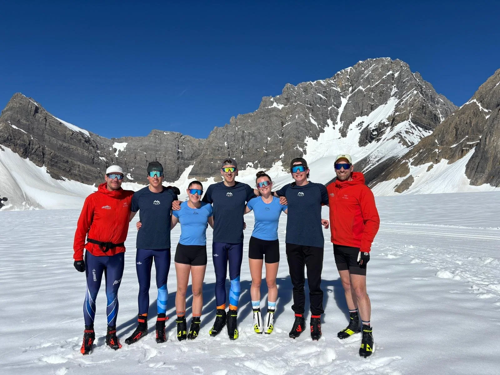 Skiers training on glacier