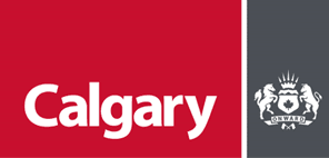 Calgary logo featuring the name "Calgary" in white on a red background, with a crest and the word "Onward" on a gray background.