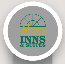 Logo with text 'Service Plus Inns & Suites' under a window design on a gray background.