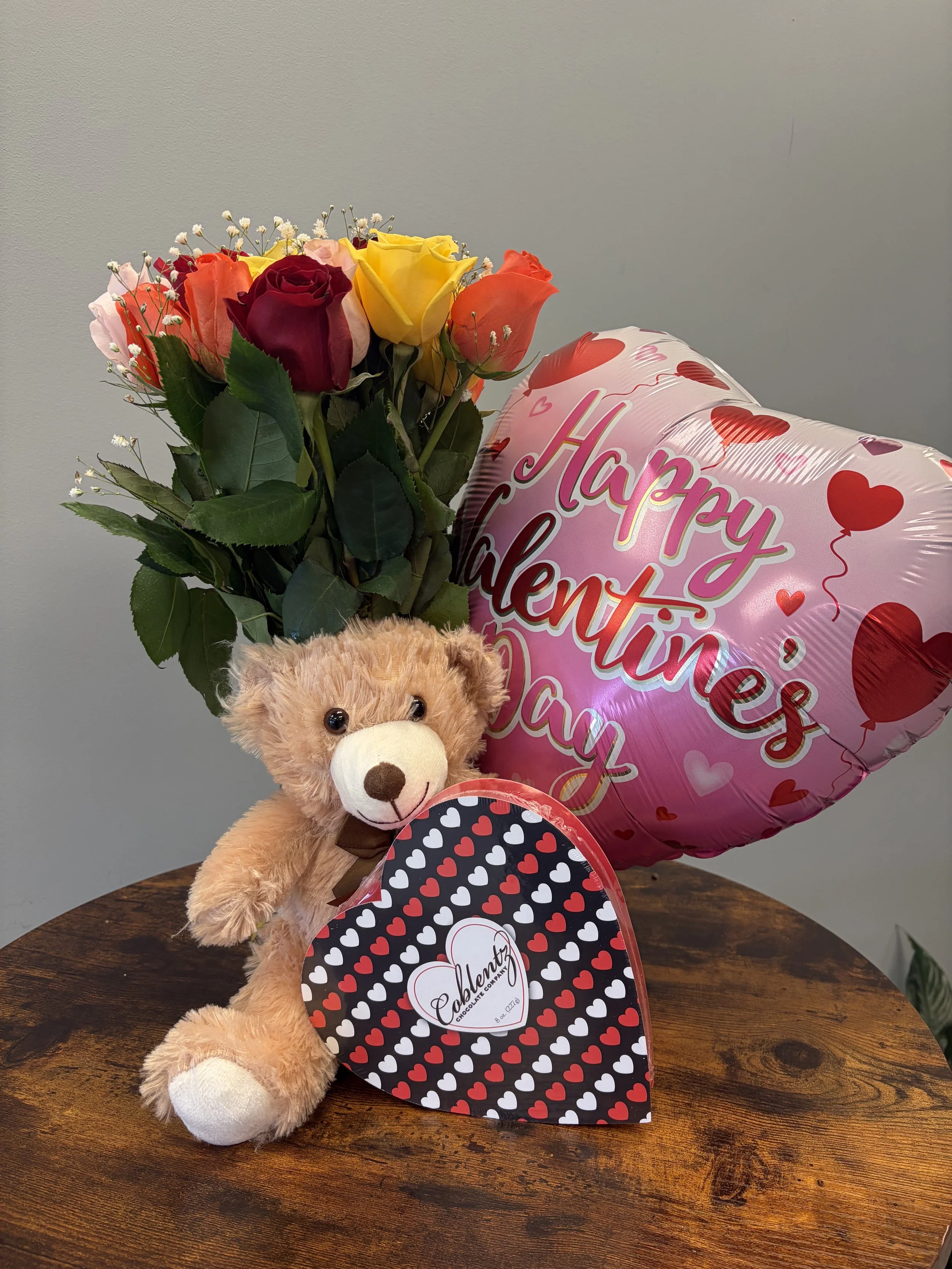Dozen Rainbow Roses - LARGE Chocolate - Vase - BEAR - Balloon