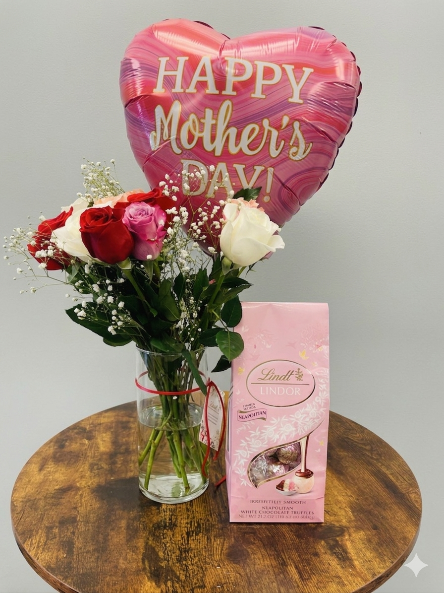 Dozen Rainbow  Bouquet - Lyndt  - Vase - Mothers Day Balloon