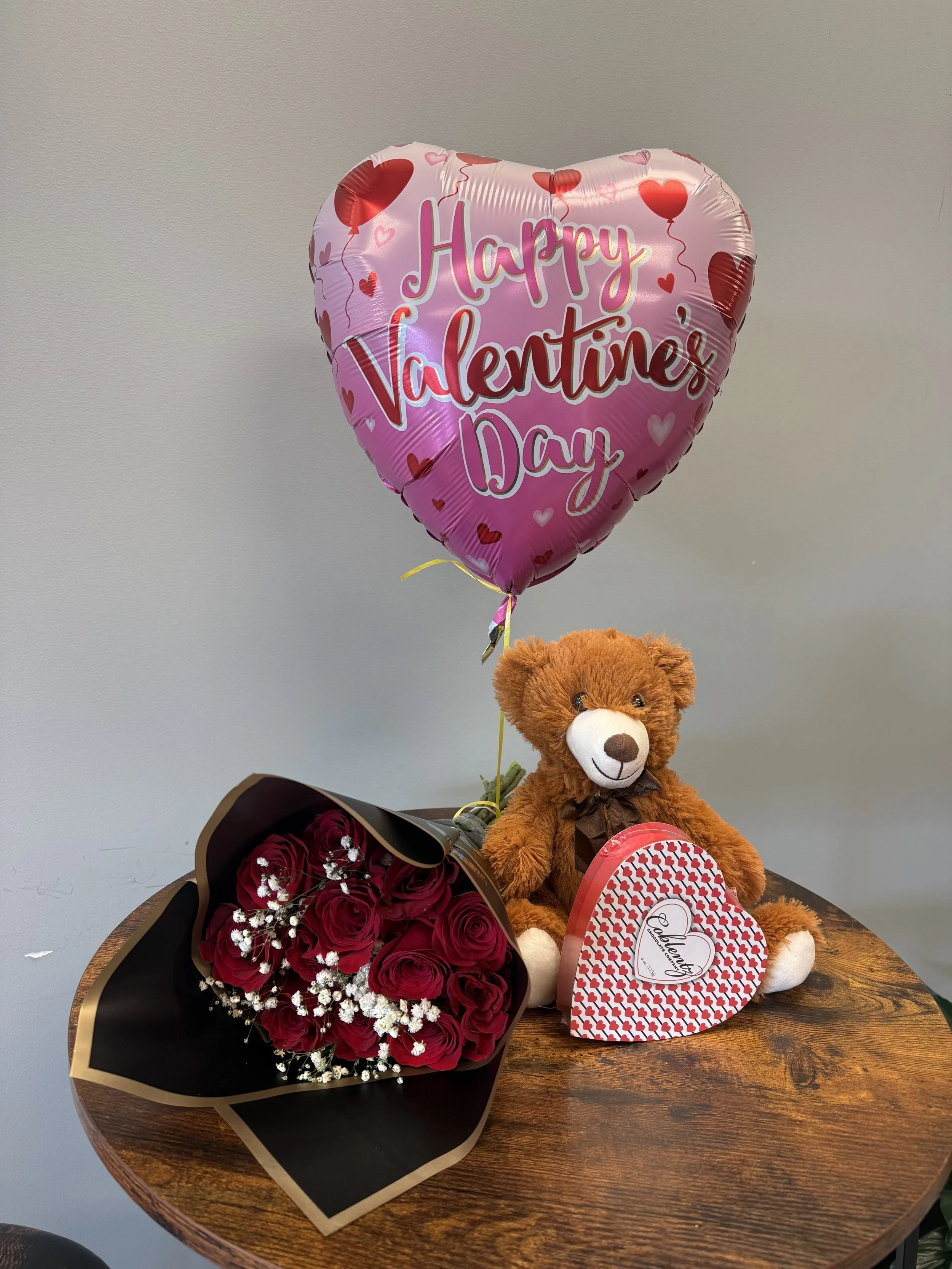 Dozen RED Roses Bouquet - Small Chocolate -  Bear and Balloon