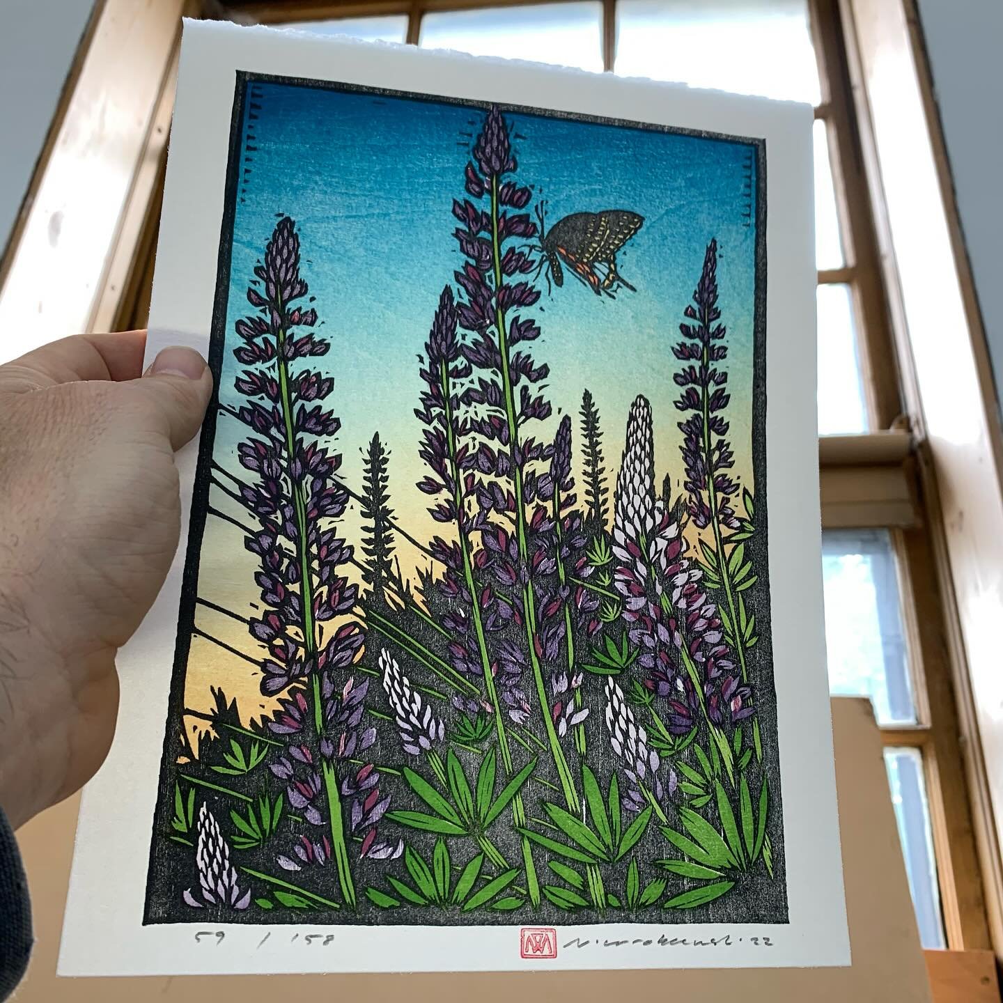 &ldquo;Lupine in the Liminal,&rdquo; reduction woodcut. So many radiant lupines along the north shore right now. This print is available for purchase from the online shop on my website.