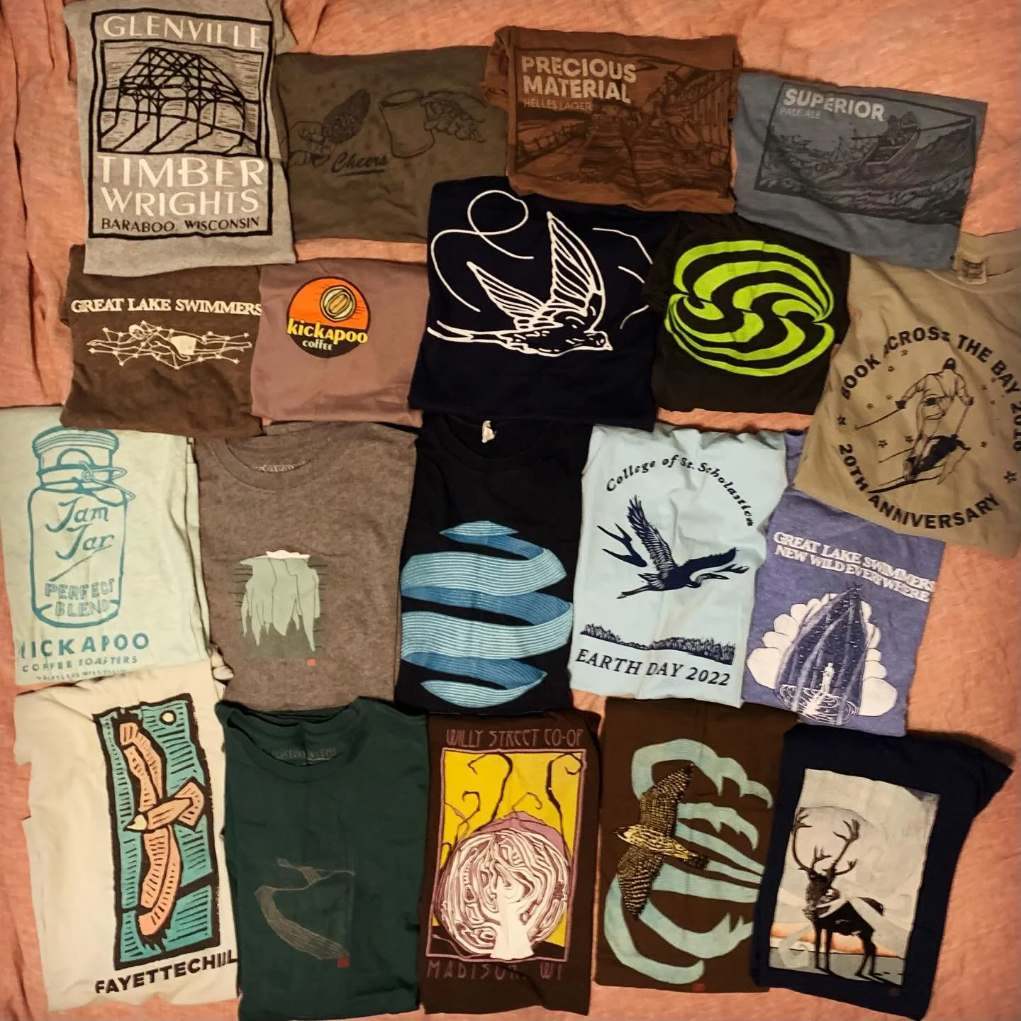 A selection of T-shirts with some of the woodcut images I&rsquo;ve done over the years.