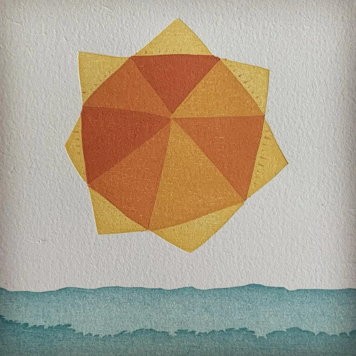 Woodcut sun and hills. The jewel of the sky.