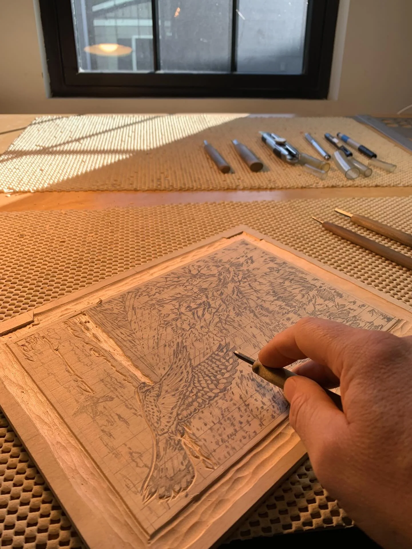 My family and I have moved to Boise, Idaho. I set up a new studio space and am now finally beginning work on a new woodcut.