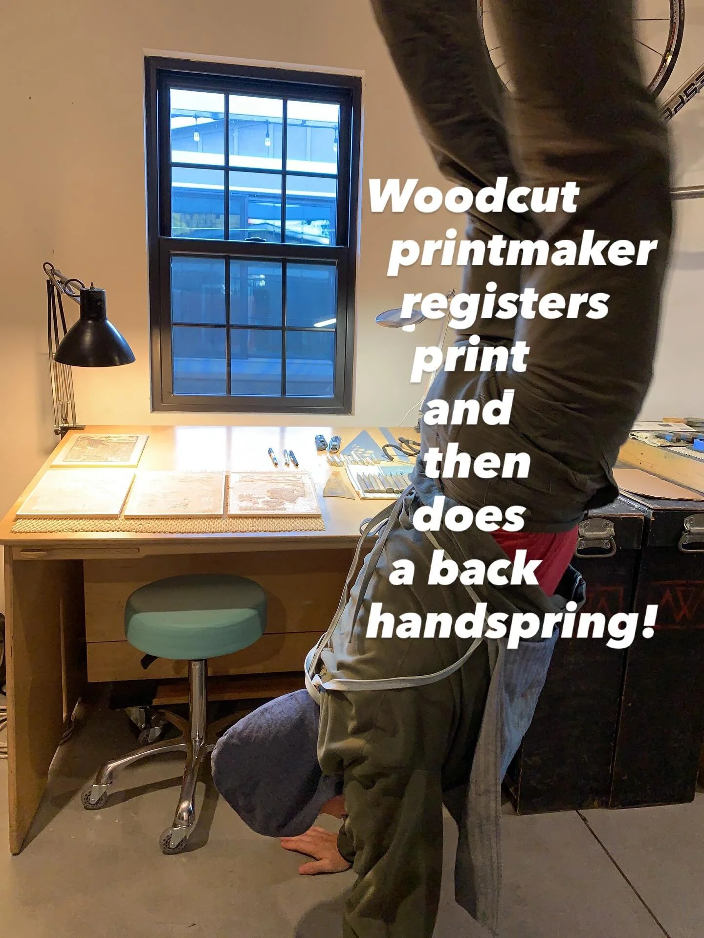 Carving four woodblocks and then taking a picture of it might not captivate a modern audience. But adding a flip before settling into a day of carving can engage the senses.