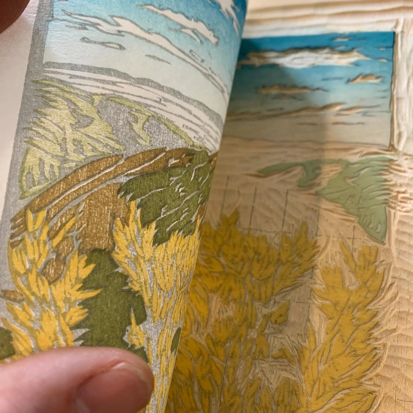 I have a small carved section of the first layer of hills in the distance that I am inking and printing today. Each pass of color adding to the entirety.