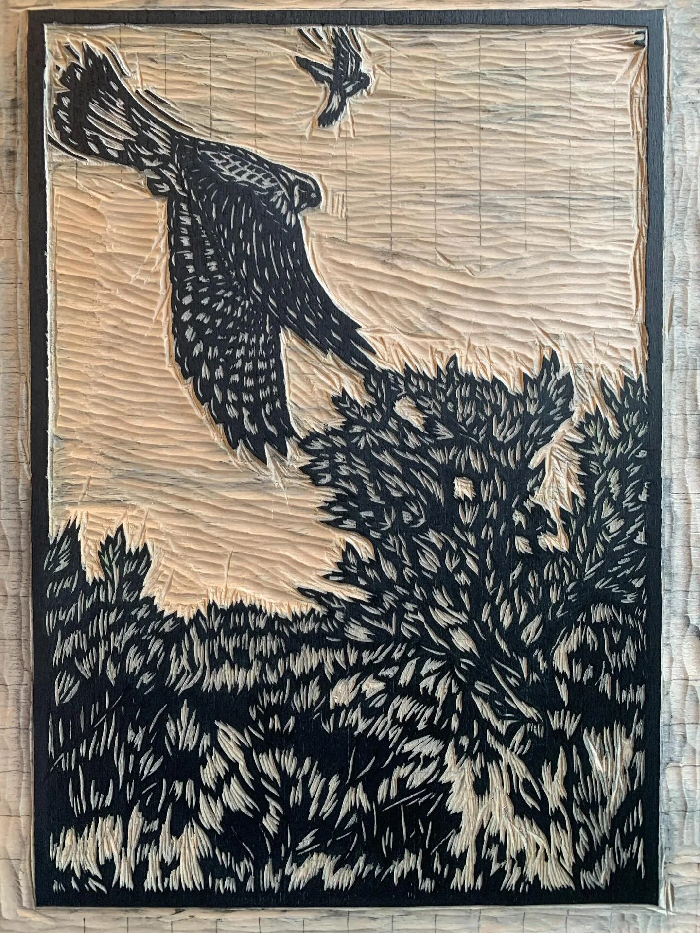 A look at the key block inked black. This is the last block and color of my new print. It&rsquo;s a reduction block, carved away from more detail never to return to its original form. Maybe I&rsquo;ll change my last name from Wroblewski, son of sparr