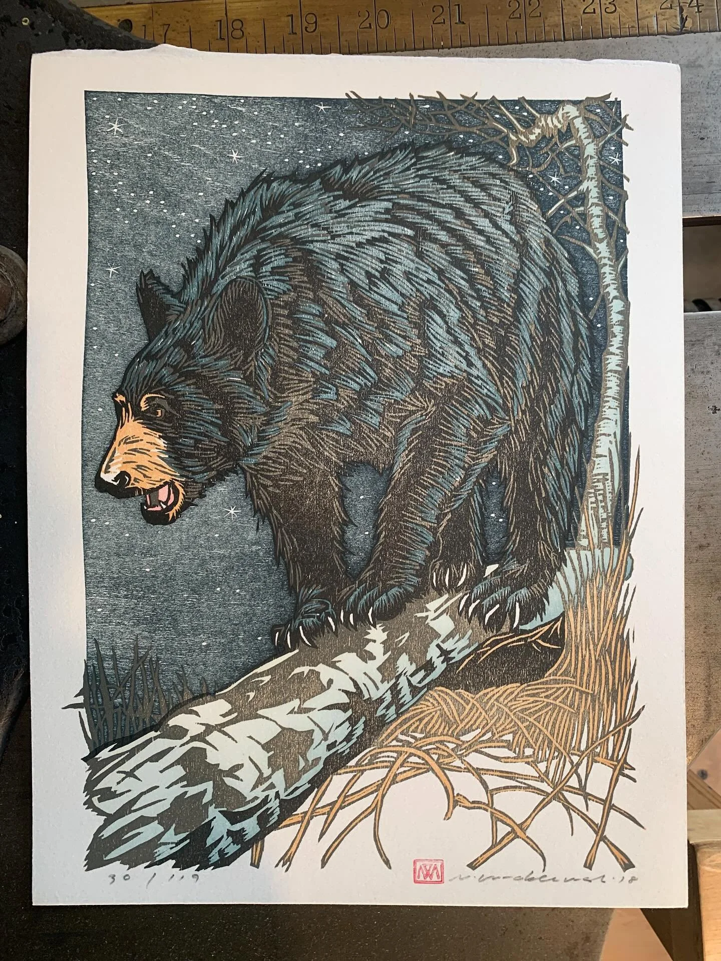 &ldquo;Bear in the Night,&rdquo; original reduction woodcut from the children&rsquo;s book, &ldquo;Hush Hush, Forest.&rdquo;