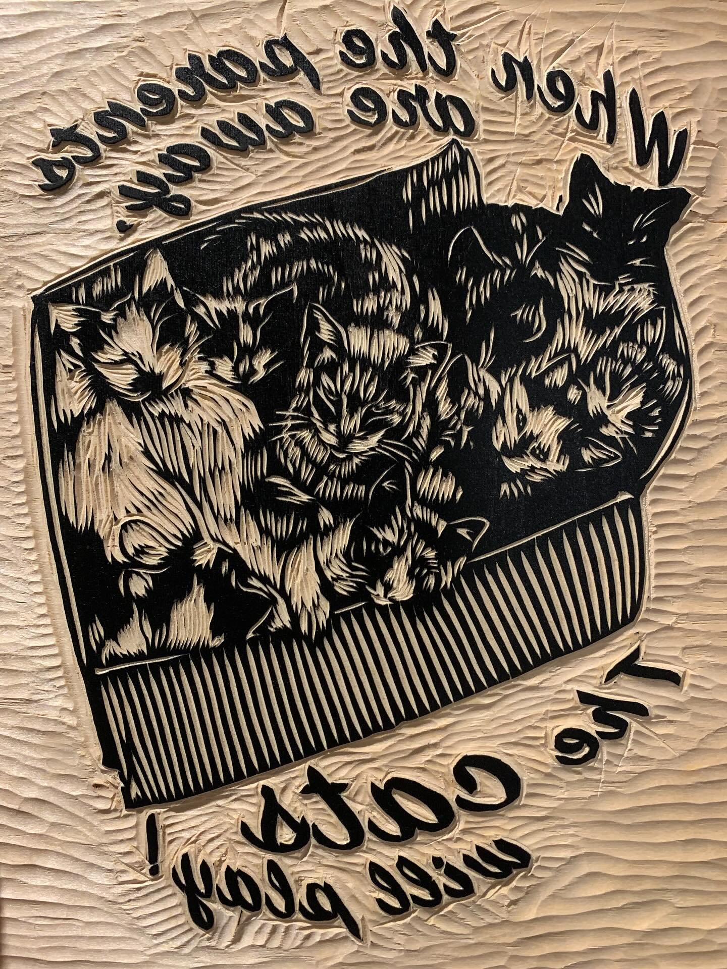 More images of the cats in a box woodcut we did for the birthday party T-shirts.