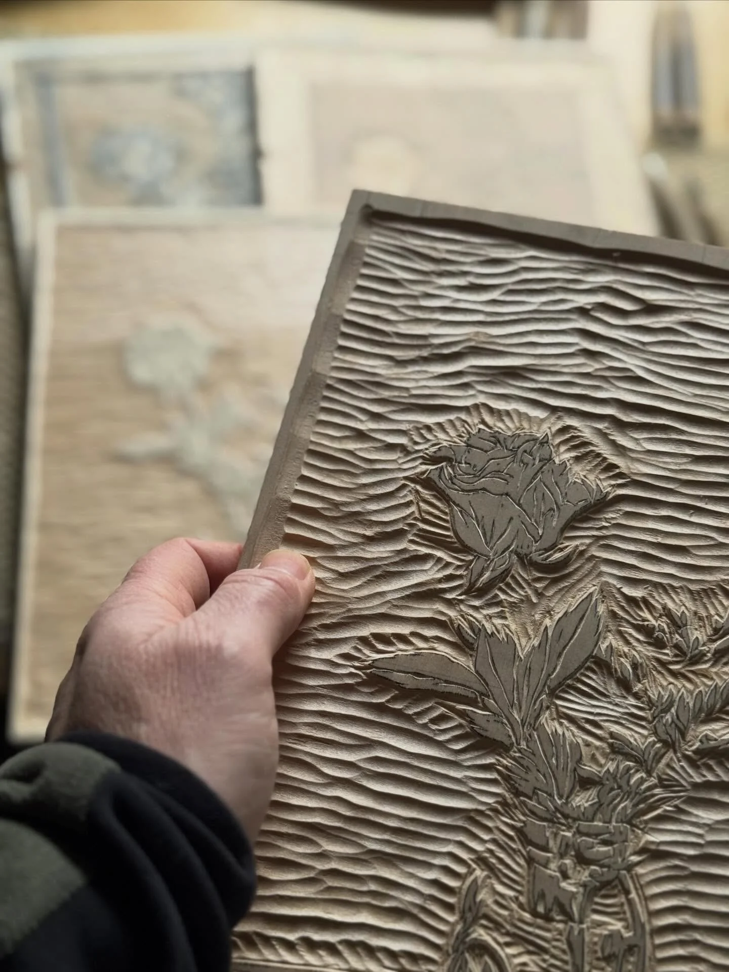 Four woodblocks carved for this latest image of a rose. Sometimes I&rsquo;m not sure what the next step should be as there are infinite directions the piece could take. I have to just sit there and imagine, holding each option in my mind&rsquo;s eye.