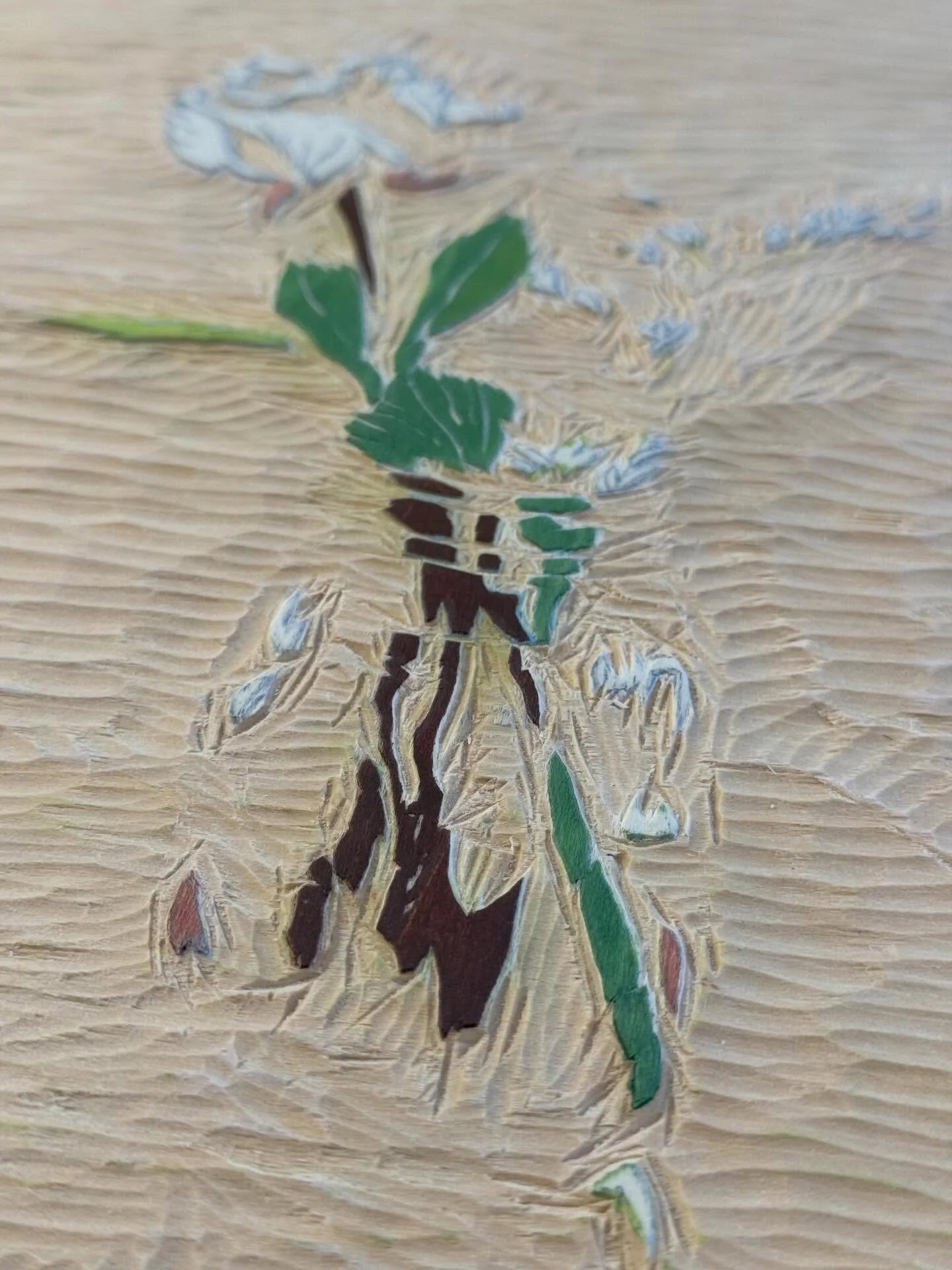 Woodcut print of a rose in water. A mind bending light bending encounter.