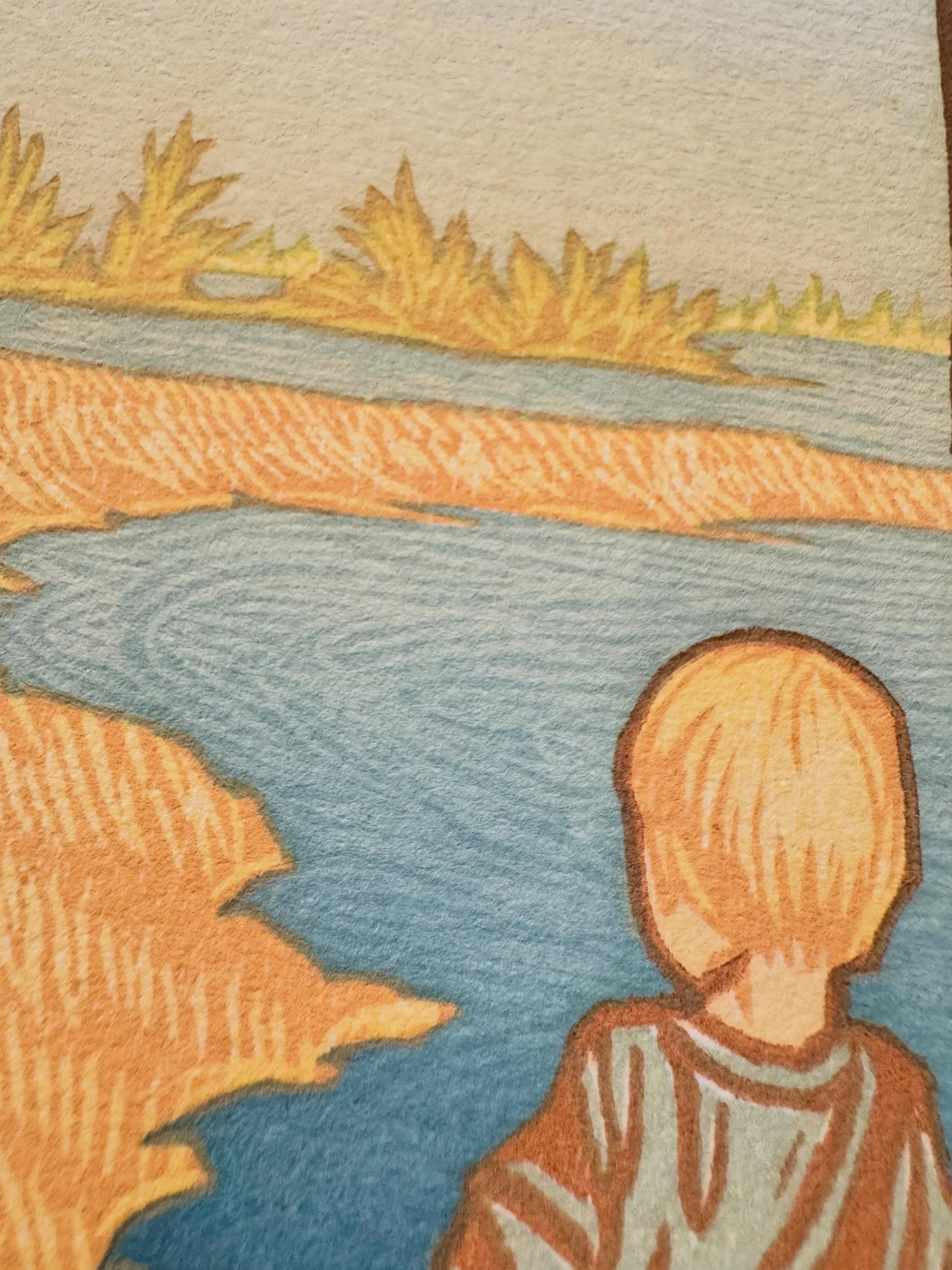 An image from the children&rsquo;s book &ldquo;Wake Up, Island&rdquo; that I illustrated with more than twenty color woodcut prints. A young boy, leaving his berry pancakes and maple syrup, quickly runs outside to behold the natural world.