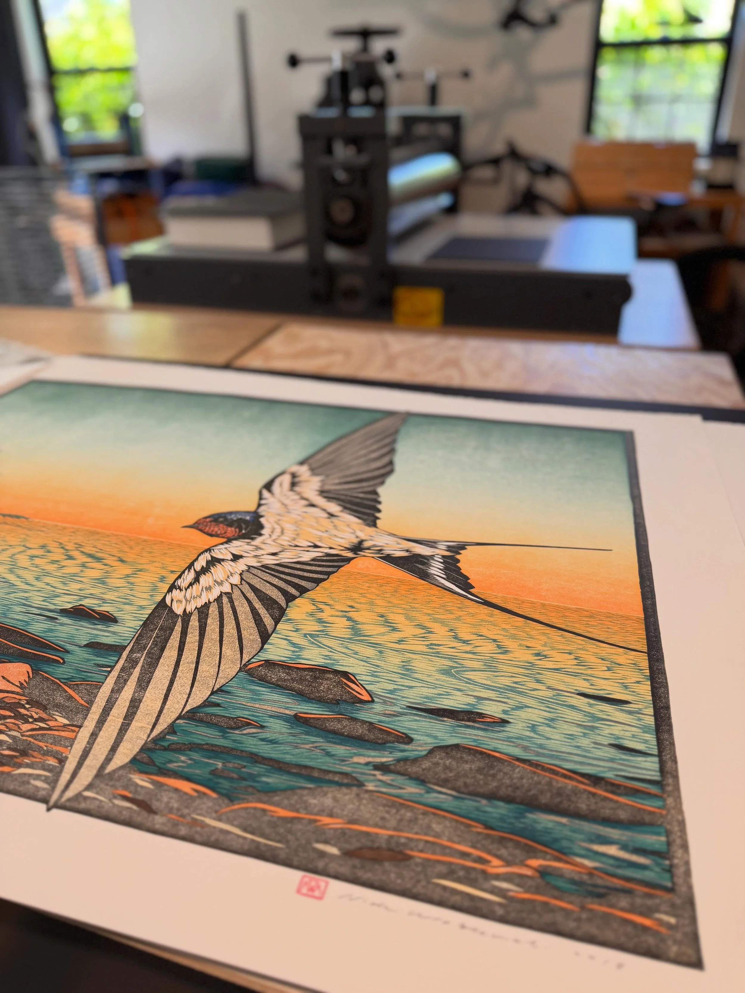 Getting ready to ship out a diptych woodcut print, &ldquo;Draw of the Lake.&rdquo; A rich, colorful treat for the eyes.