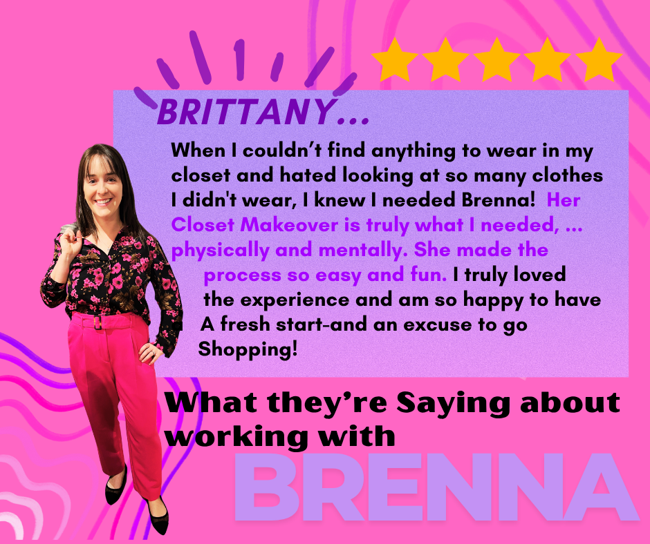 A woman in a black and pink floral blouse and bright pink pants smiling and posing with her hand on her hip, standing next to a purple text box with positive review about Brenna, on a vibrant pink and purple background with star graphics.