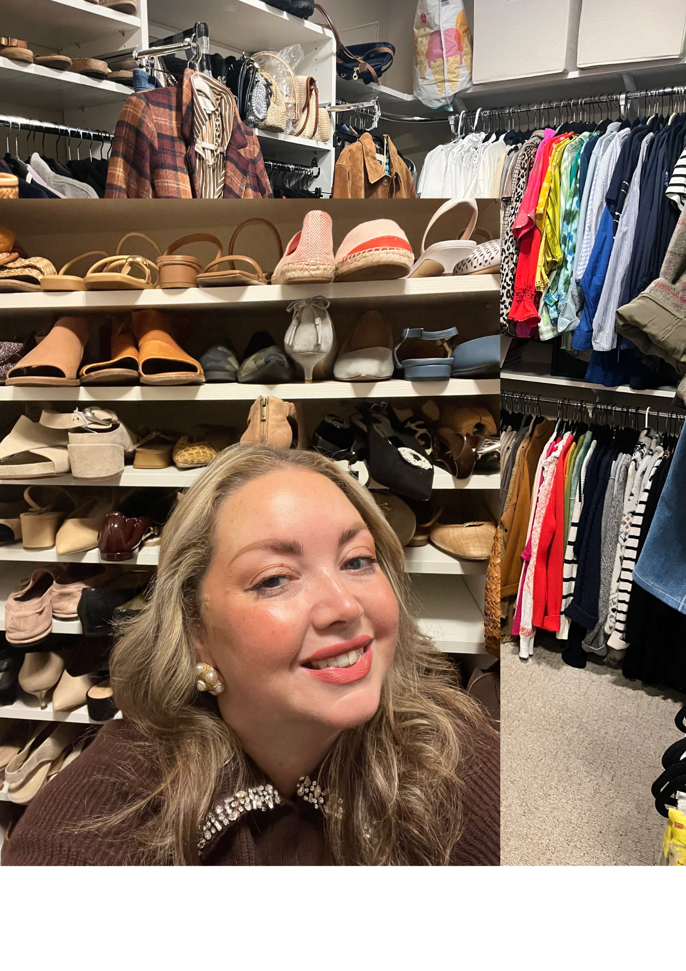 A woman with blonde hair smiling, wearing pearl earrings and a brown jacket with embellishments, in a walk-in closet filled with shoes and clothing.