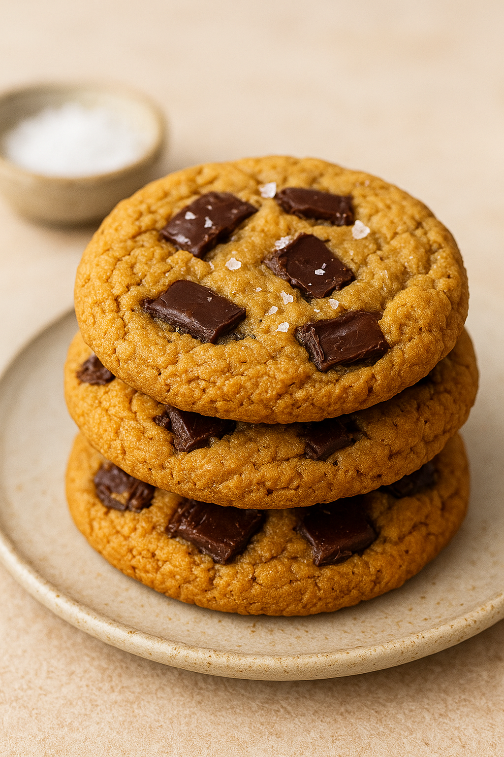 Stack of three chocolate chip cookies on a beige plate with a small bowl of salt in the background.