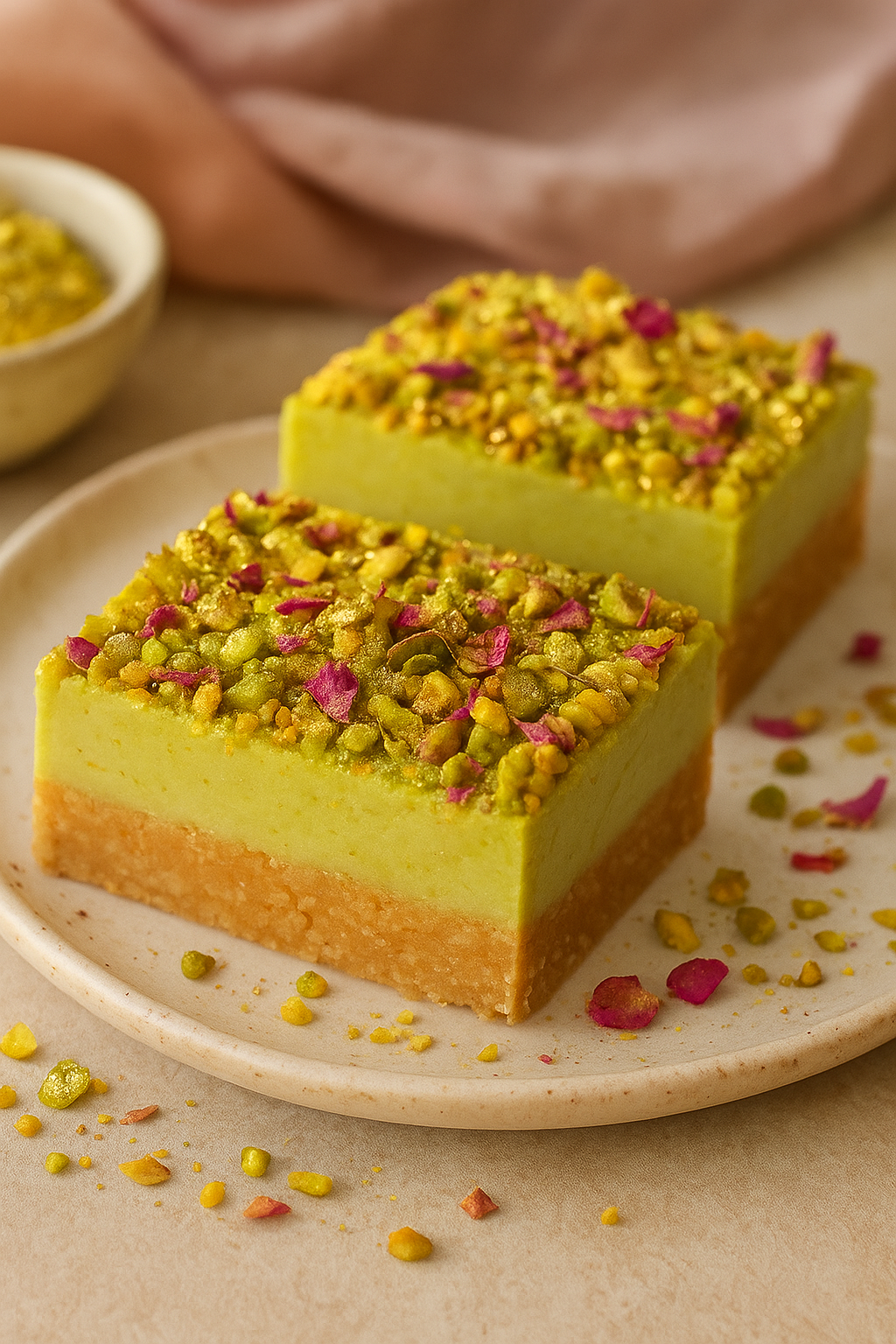 Two squares of pistachio-flavored cheesecake with a graham cracker crust, topped with crushed pistachios and pink rose petals, on a white plate.