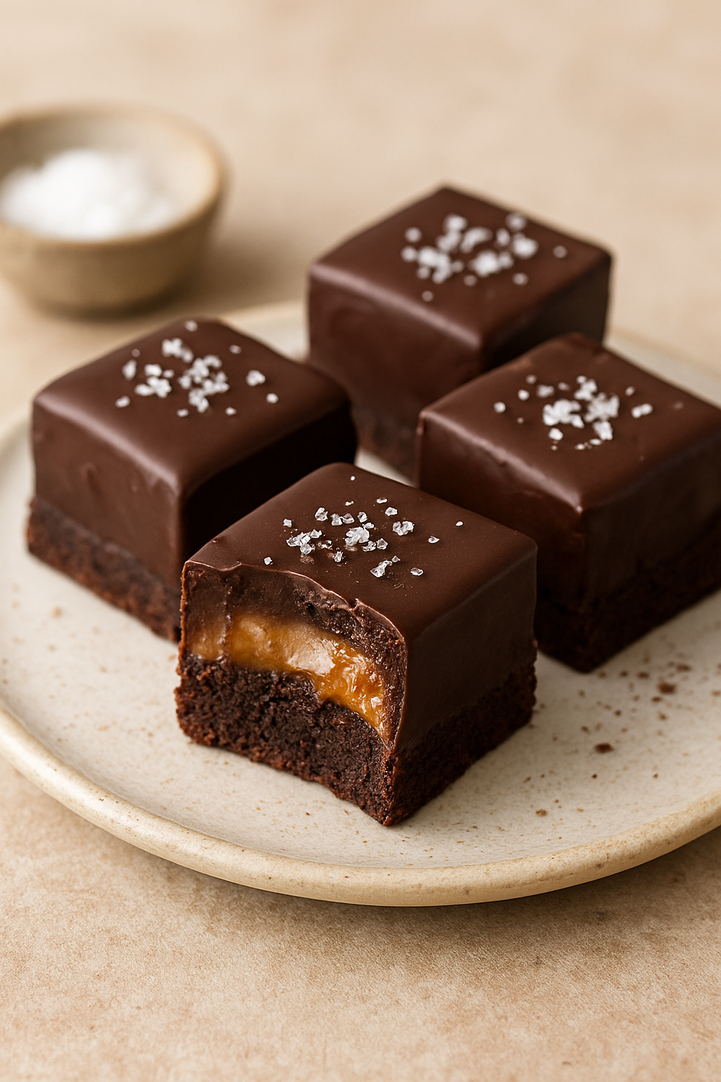 Four chocolate brownies with salted caramel filling on a white ceramic plate, with a small bowl of coarse sea salt in the background.