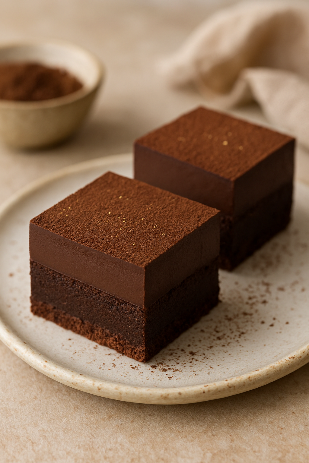 Two elegant square chocolate desserts with a layer of glossy chocolate ganache on top, dusted with cocoa powder, on a white plate with cocoa powder sprinkled around.