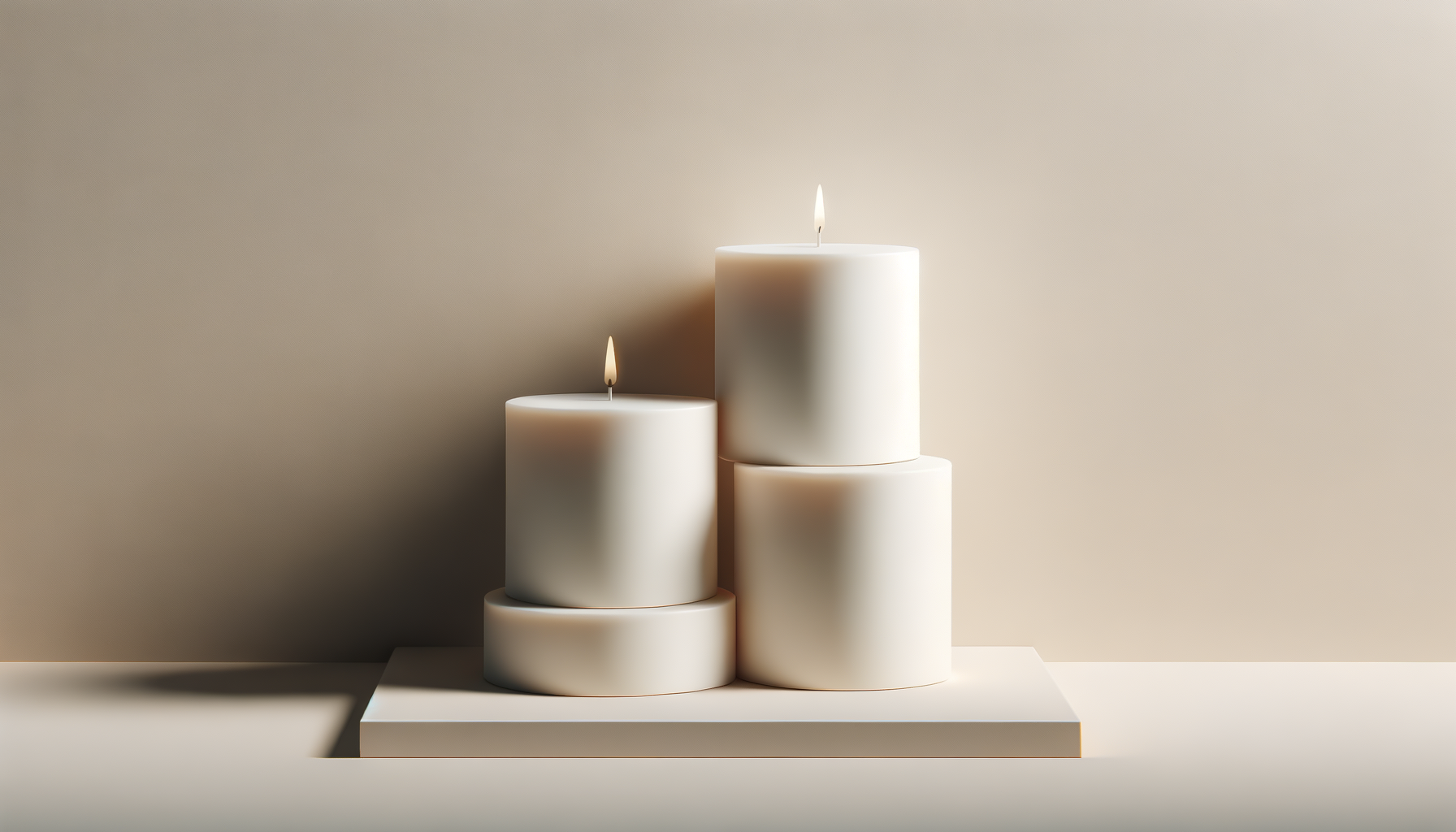 Three white candles, two with flames, arranged on a white rectangular platform against a beige background, with soft shadows.