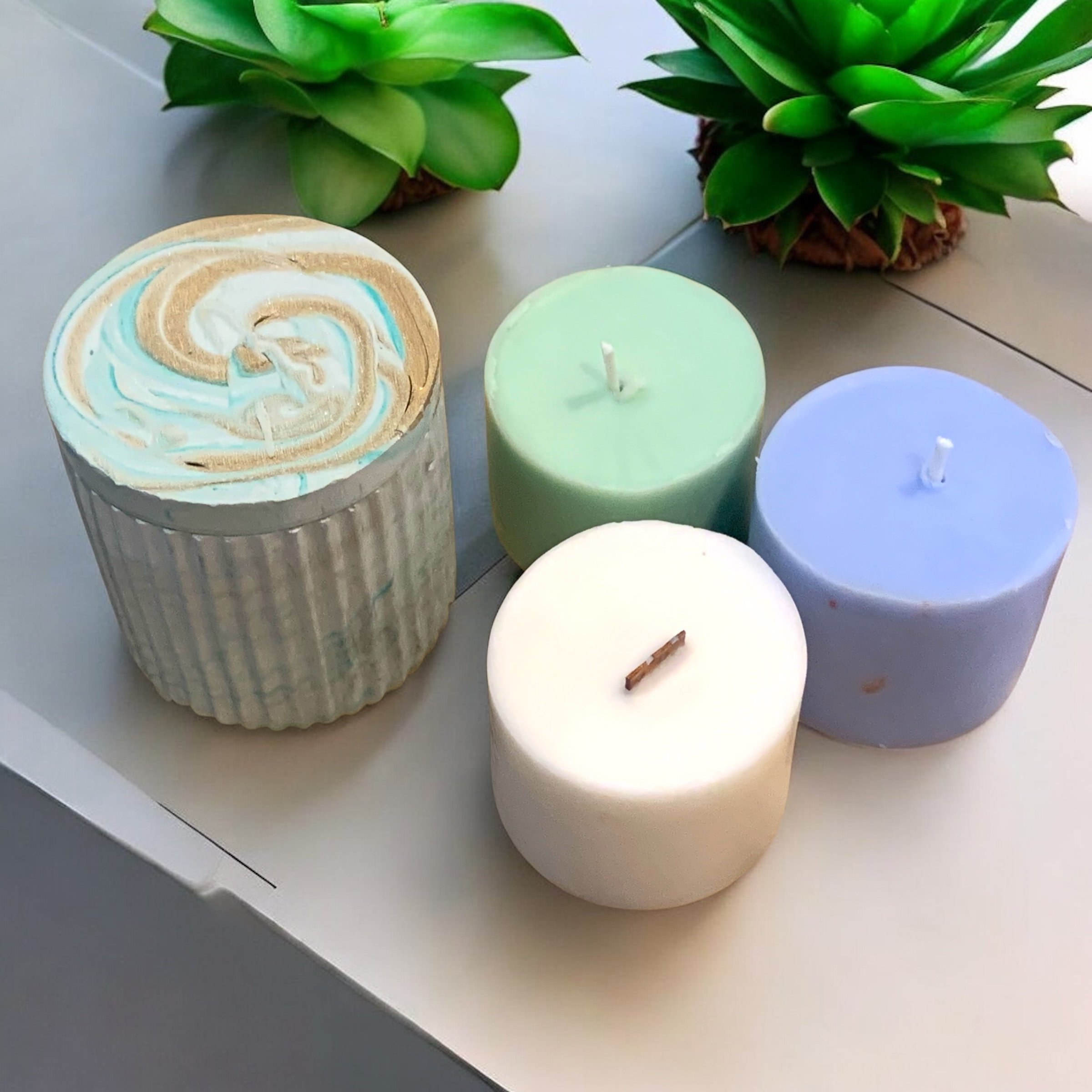 5 ounce Teal and Gold Swirl Concrete Candle - includes 3 refills!