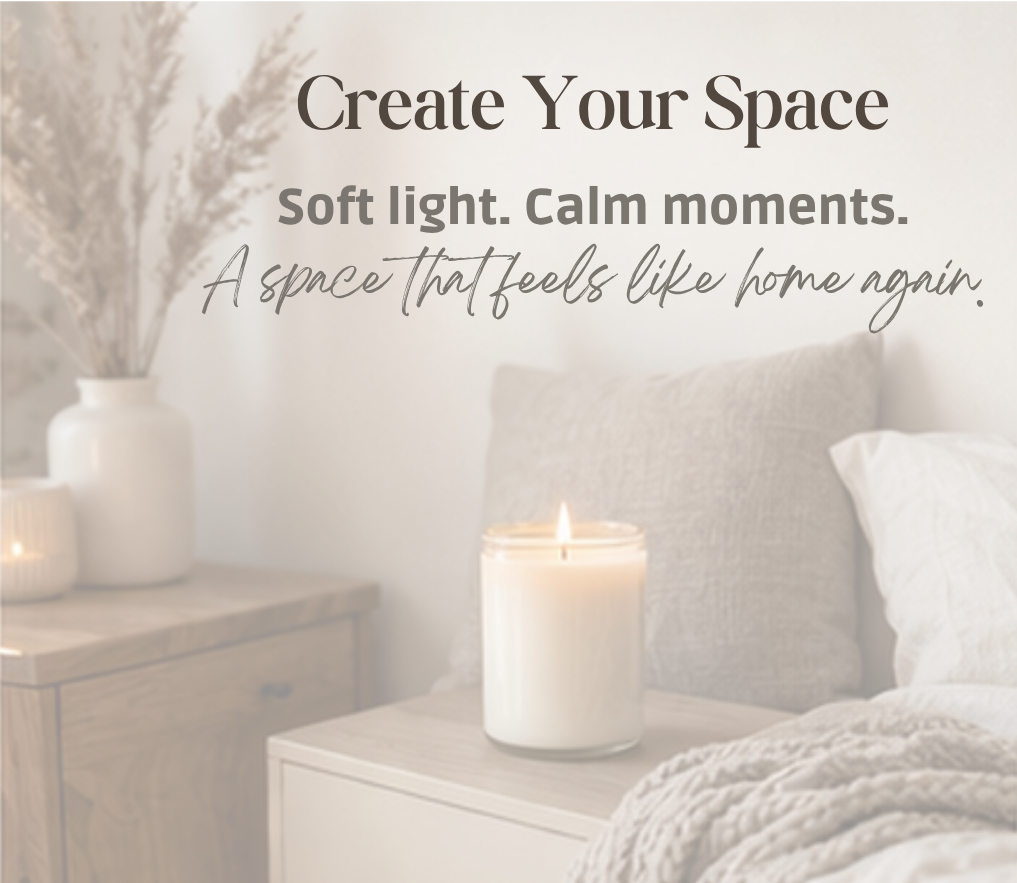 A cozy bedroom with a wooden nightstand, a lit candle, and decorative vases with dried flowers, featuring warm, calming decor and text promoting creating a relaxing home space.