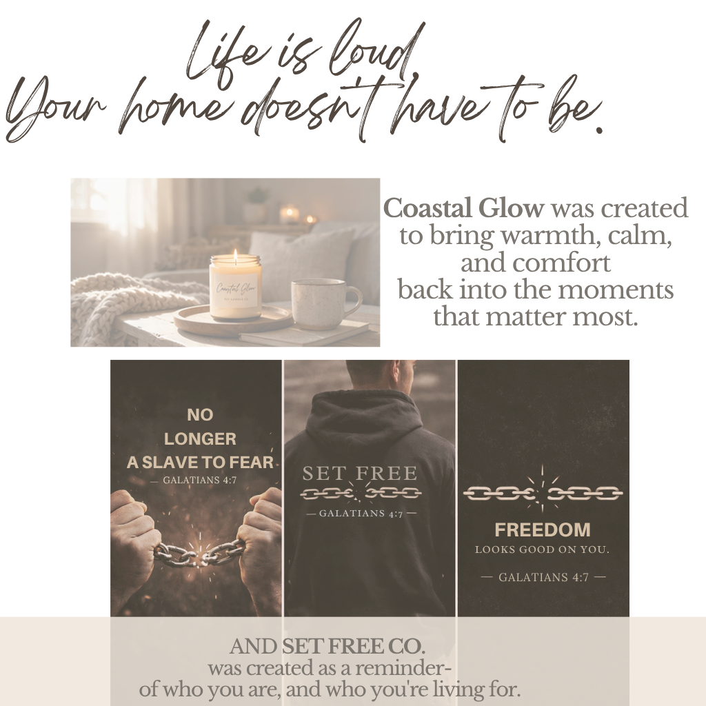 A motivational graphic with a quote about life, featuring warm, cozy images of a lit candle on a bedside table and a person in a hoodie, alongside text from Galatians 4:7 about freedom from fear.