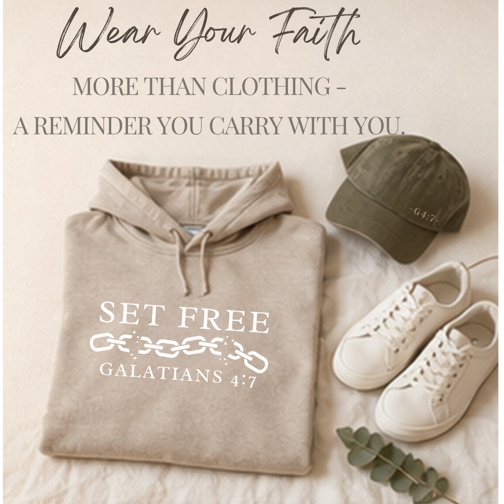 A Bible verse printed on a hoodie that says, "Set Free Galatians 4:7," along with a chain illustration. The image also includes a beige hoodie, a green cap, white sneakers, and a eucalyptus leaf.
