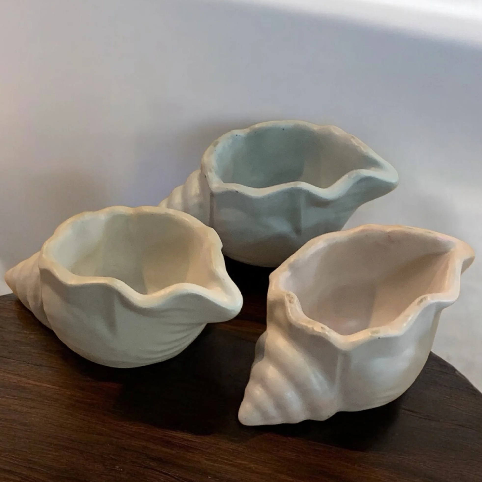 Three handcrafted concrete shell shaped  bowls with wavy, uneven edges, placed on a dark wooden surface against a plain white background. Perfect for your bedside table or bathroom counter.