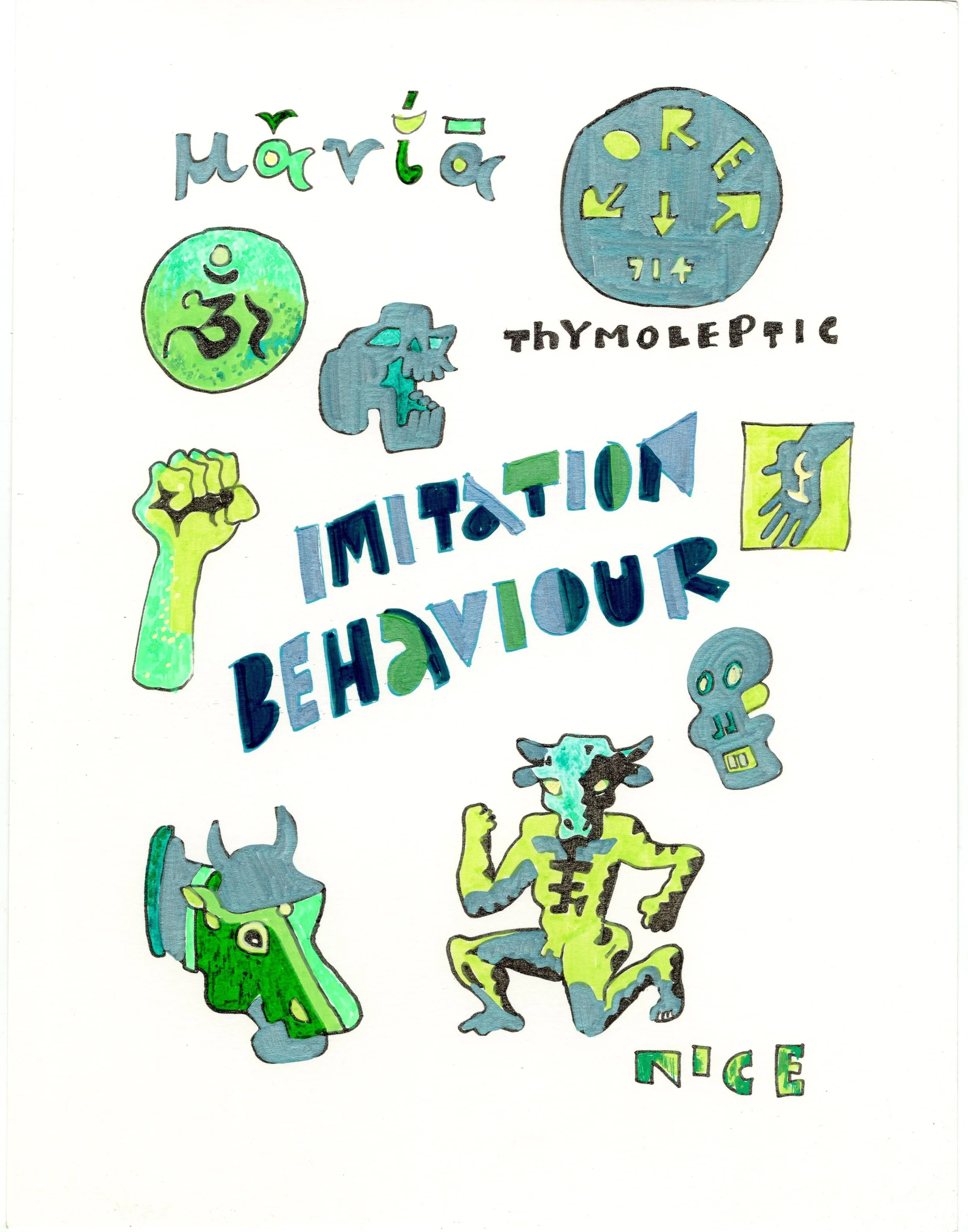 A sequence of drawings in the Hypergrafia series focusing on medical treatment for anxiety and depression using selected quotes and phrases as well as repeated iconography 
