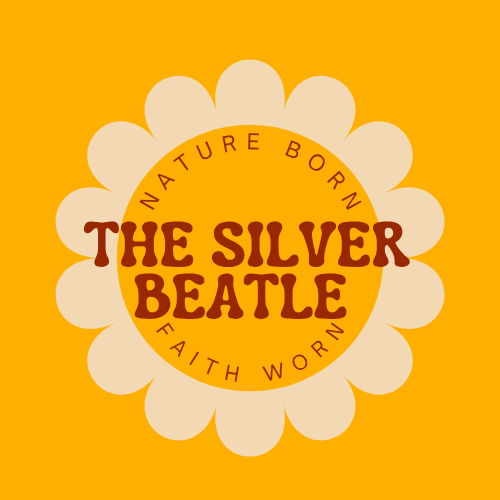 Design with a yellow background, a flower shape, and the text 'The Silver Beatle' in brown, with additional text 'NATURE BORN' and 'FAITH WORN' around the circle.