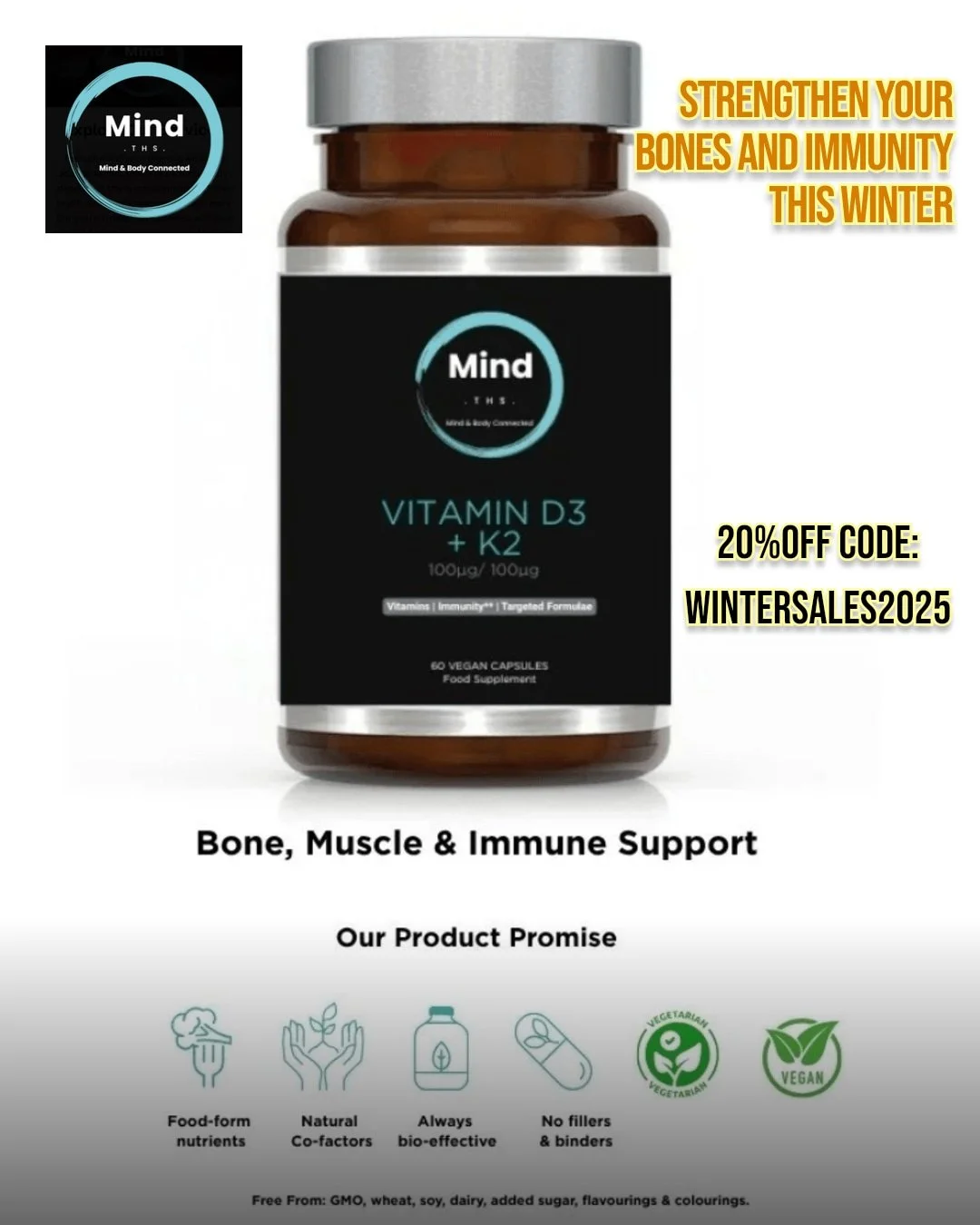 Winter wellness starts with a boost of Vitamin D3 + K2 🌟

As daylight hours shrink, your body needs extra support to keep bones strong, immune defences high, and mood balanced. Our pure, effective Vitamin D3 + K2 combo helps you thrive through the c