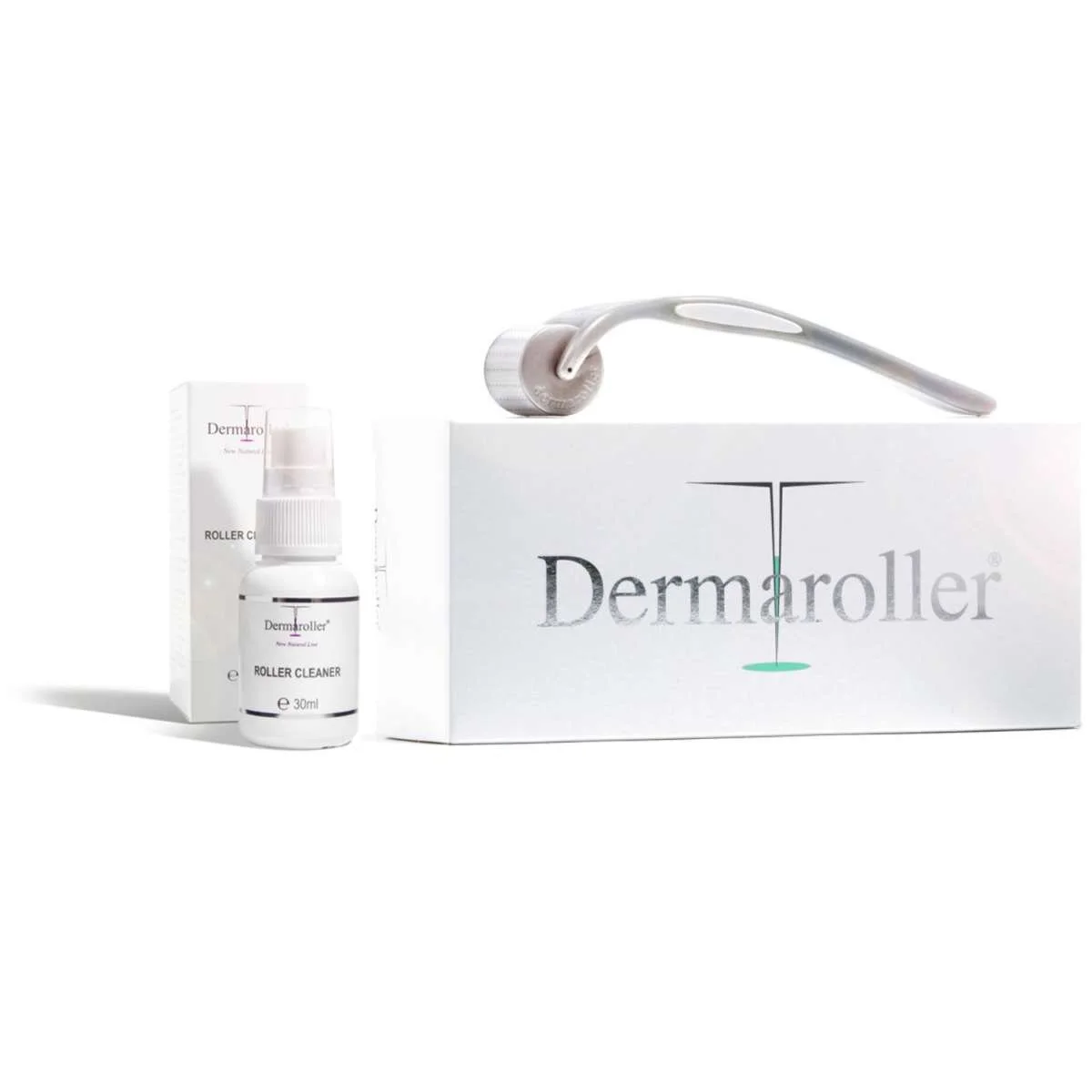 Dermaroller kit includes a dermaroller device with a handle, a bottle of dermaroller cleaner, and packaging with the Dermaroller logo.