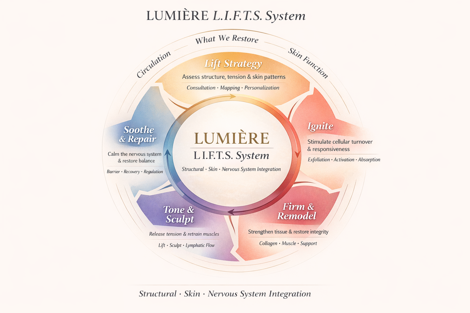 Diagram of the LUMIÈRE L.I.F.T.S. System showing phases: Ignite (stimulate cellular turnover), Firm & Remodel (restore tissue and integrity), Tone & Sculpt (release tension, drain muscles), Soothe & Repair (calm nerve system, restore balance), with outer circle describing the system's focus on circulation, skin function, and restoration.