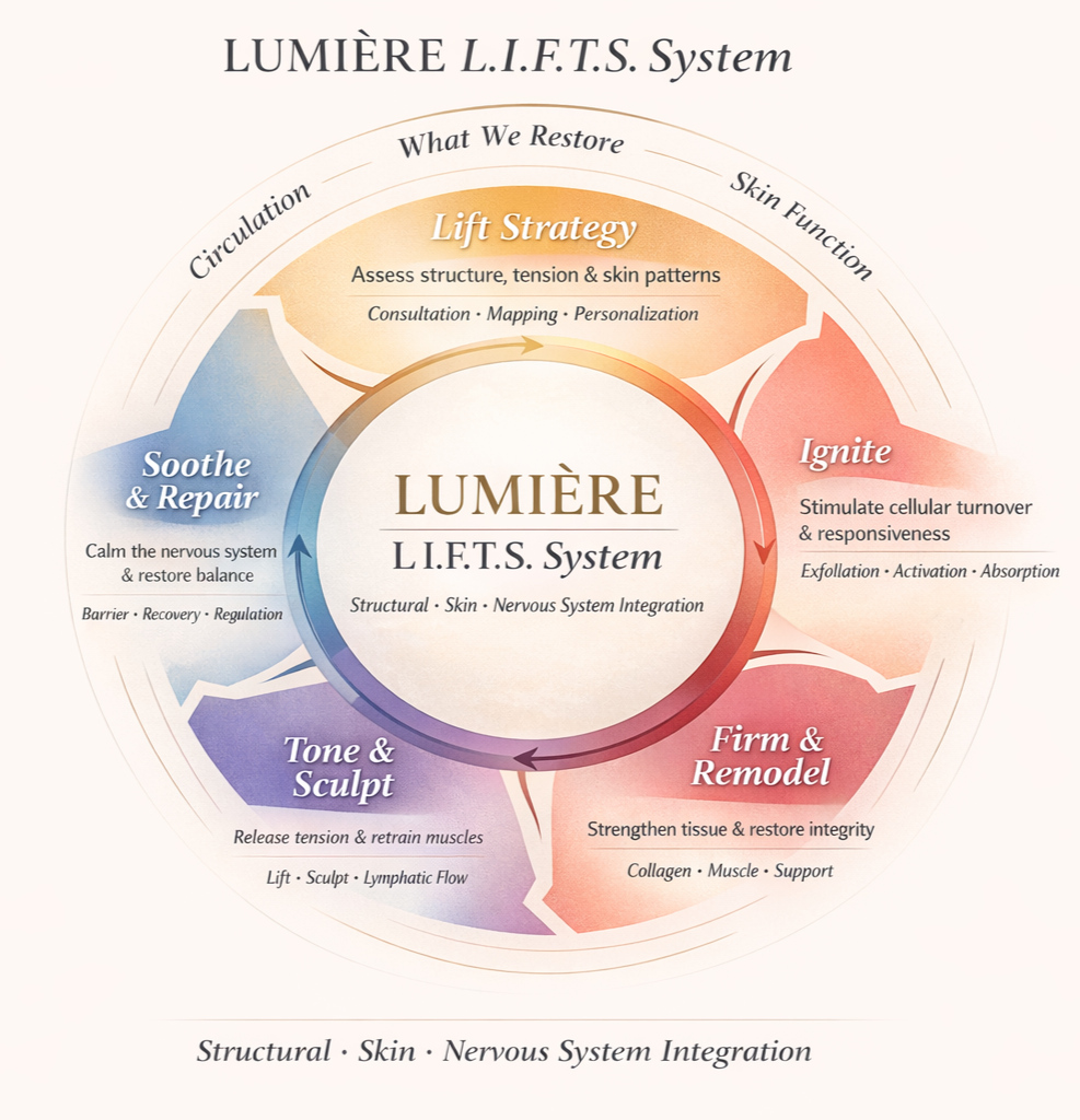 Diagram of LUMIÈRE L.I.F.T.S. System showing the cycle of skin and nervous system restoration: Lift Strategy, Ignite, Firm & Remodel, Tone & Sculpt, Soothe & Repair, with descriptions for each stage.