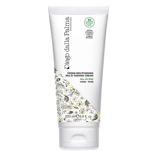 White tube of Diego dalla Palma multi-tasking cream with black and green text and floral illustrations