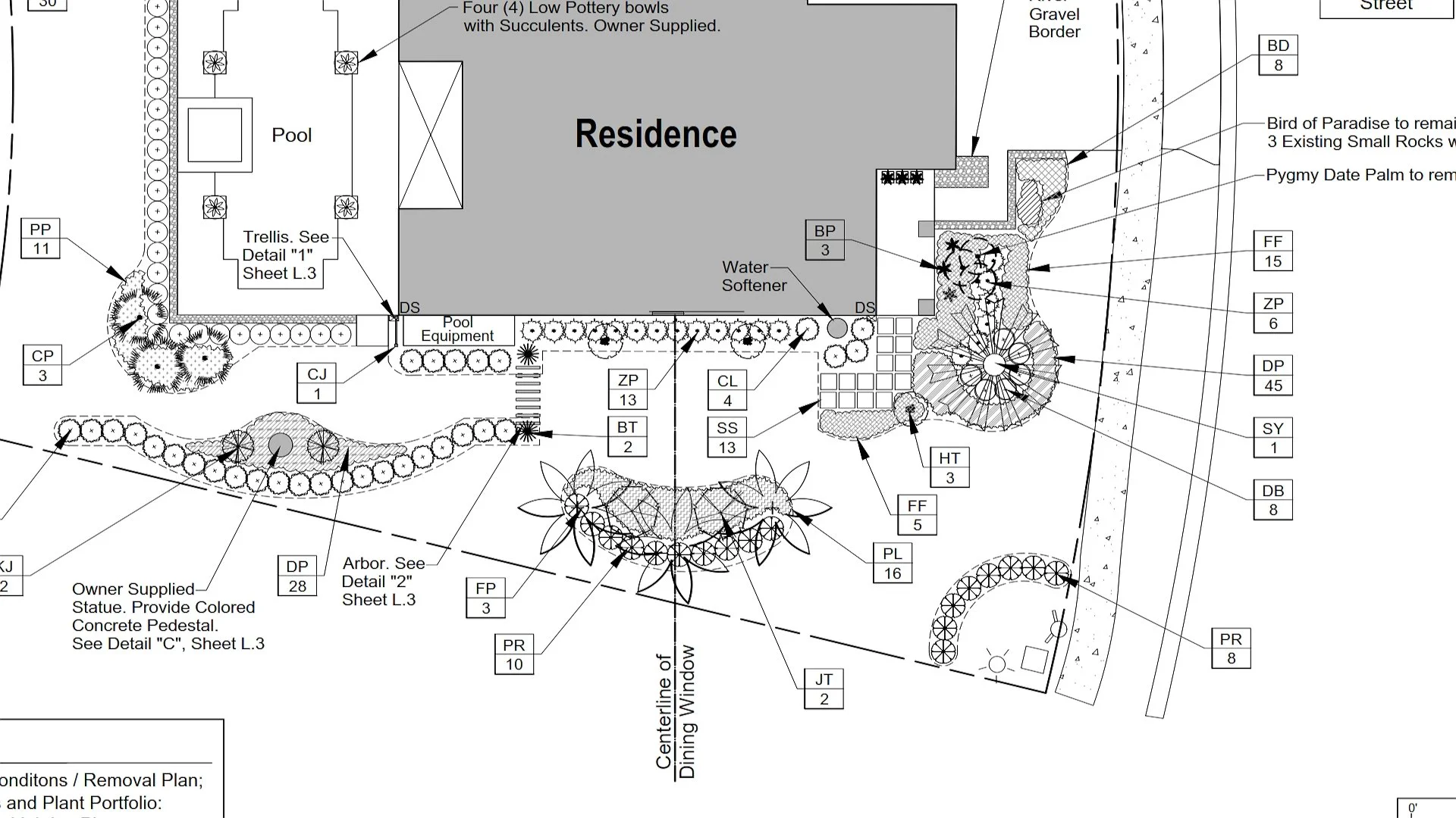 Detailed planting plan for high-end Naples home including palm placement, hedge layout, and structured garden beds.