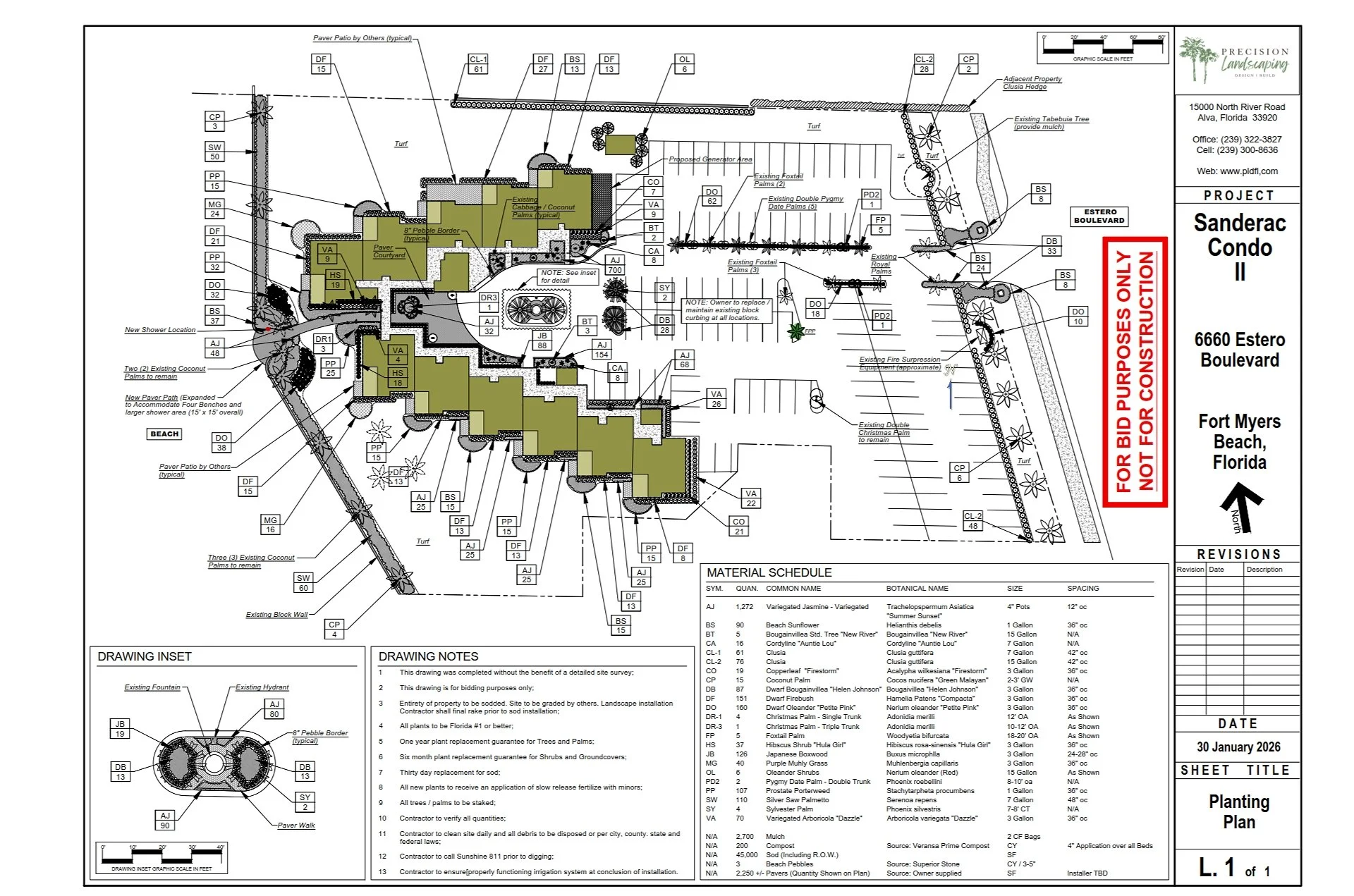 Community landscape master plan for Fort Myers Beach showing roadway medians, palm groupings, pedestrian pathways, and coastal planting layout.