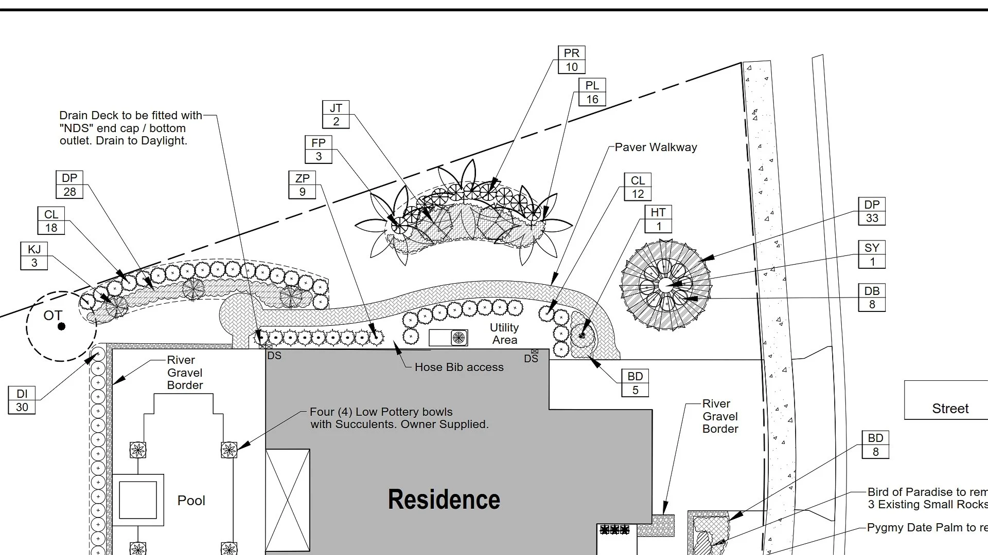 Detailed planting plan for high-end Naples home including palm placement, hedge layout, and structured garden beds.